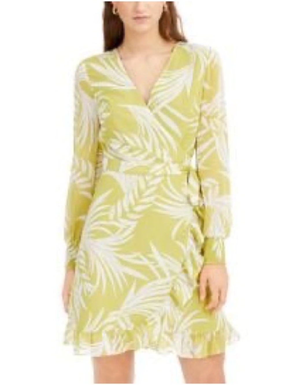 Bar III palm Leaf-Print Wrap Dress green sheer sleeves long sleeve large